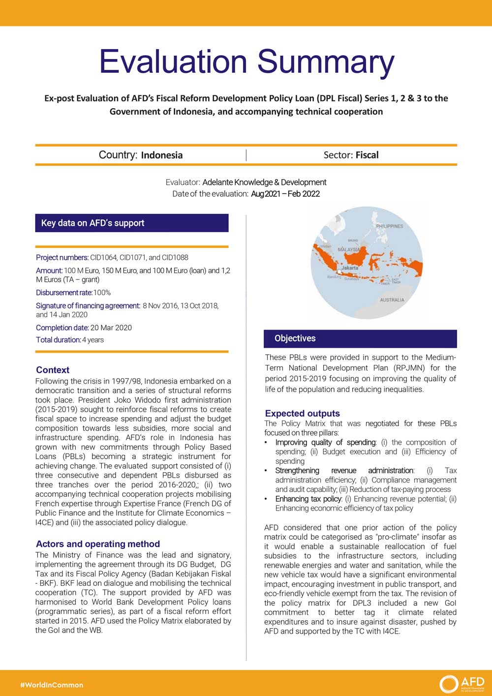 Evaluation Summary -  AFD’s Fiscal Reform Development Policy Loan (DPL Fiscal) to the Government of Indonesia CID1064-CID1071-CID1088